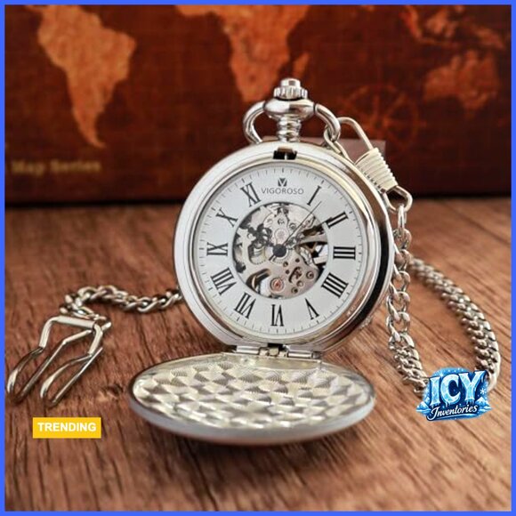 Manual Mechanical Pocket Watch with Chain Stainless Steel Skeleton Dial main image 5
